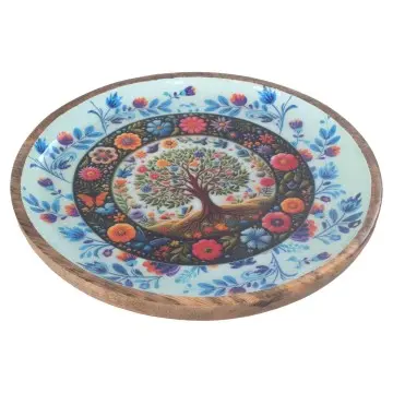 [SG 36964] Assiette bois de manguier grand modèle avec motif arbre de vie couleur bleue en résine