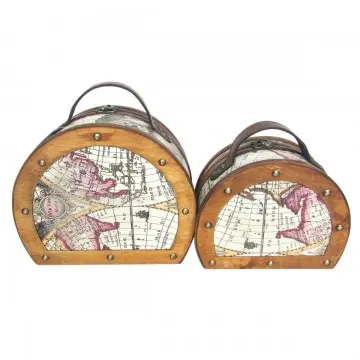 [SG 37335 1] Petite valise en bois motif carte du monde forme boite à chapeau petit modèle