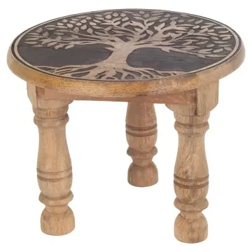 [SG 37135] Tabouret en bois de manguier cérusé noir motif arbre de vie 