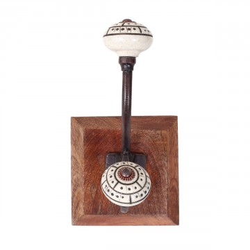 [SG 30544] Patère 1 crochet bouton en céramique support en bois de manguier et métal