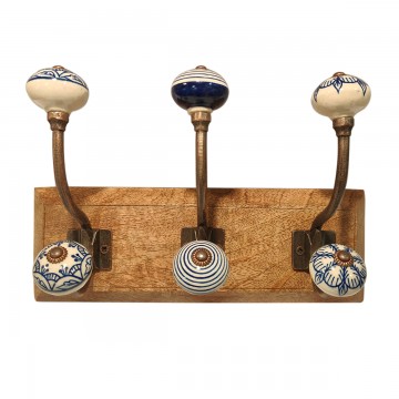 [SG 32603] Patère 3 crochets bouton en céramique support en bois de manguier et métal