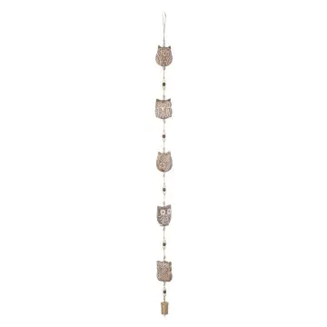 Décoration murale en bois de manguier cérusé blanc motif hibou, perles et clochettes dorées