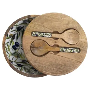 Saladier avec couvercle et couvert en bois de manguier et résine motif olive