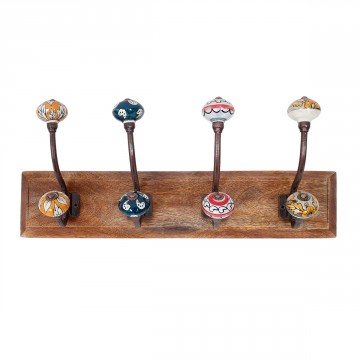 [SG 32602] Patère 4 crochets bouton en céramique support en bois de manguier et métal