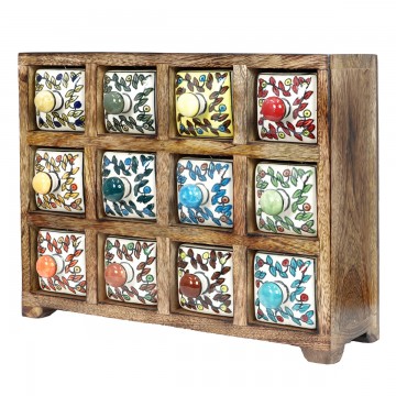 [SG 32903] Petit meuble en bois de manguier 12 tiroirs en céramique