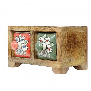 [SG 32914] Petit meuble en bois de manguier 2 tiroirs en céramique