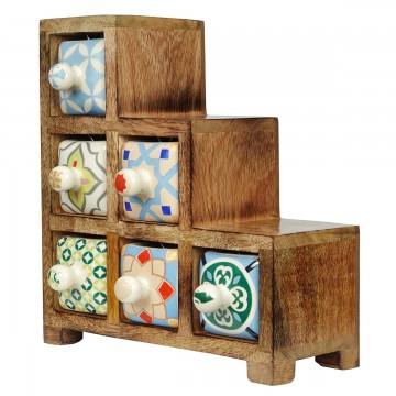 [SG 32934] Petit meuble en bois de manguier 6 tiroirs en céramique escalier