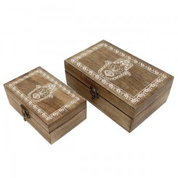[SG 32664 1] Boite en bois de manguier motif main et liseré blanc grand modèle avec fermeture laiton