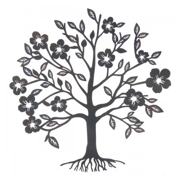 [SG 34316] Décoration murale arbre de vie en metal noir avec petites fleurs diamètre 50 cm