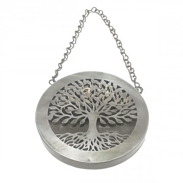 [SG 30492] Décoration murale en métal argenté et miroir Arbre de vie diamètre 25cm