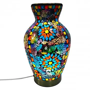 [SG 31515] Lampe mosaïque forme vase couleurs bleu et noir avec socle en bois