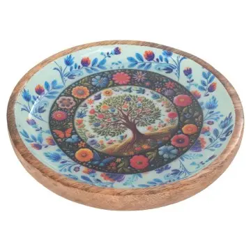 [SG 36965] Assiette bois de manguier petit modèle avec motif arbre de vie couleur bleue en résine
